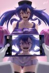  1girl absurdres bare_shoulders blue_hair blush breasts cellphone cheerleader hair_between_eyes hat highres holding holding_phone holding_pom_poms large_breasts looking_at_viewer open_mouth original panties phone pom_pom_(cheerleading) purple_eyes rabbit skirt smartphone solo taking_picture thighhighs twintails underwear vilde_loh_hocen 