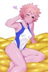  1girl absurdres ashido_mina bangs black_sclera boku_no_hero_academia breasts closed_mouth colored_sclera colored_skin heart highres horns jinko_banana looking_at_viewer one_eye_closed pink_hair pink_skin short_hair simple_background small_breasts smile solo swimsuit white_background white_one-piece_swimsuit yellow_eyes 