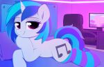  2019 absurd_res bed blue_hair blue_tail chair clothing computer cutie_mark digital_media_(artwork) equid equine eyelashes female feral footwear friendship_is_magic furniture hair half-closed_eyes hasbro hi_res horn legwear mammal moozua my_little_pony narrowed_eyes pattern_clothing pattern_footwear pattern_legwear pattern_socks pillow pink_eyes smile socks solo stockings striped_clothing striped_footwear striped_socks stripes unicorn vinyl_scratch_(mlp) white_body 