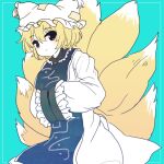  1girl aqua_background blonde_hair brown_eyes closed_mouth dress fox_girl fox_tail hands_in_opposite_sleeves hat kitsune kyuubi long_sleeves mob_cap multiple_tails pillow_hat rei_(tonbo0430) short_hair simple_background smile solo tabard tail touhou white_dress white_headwear yakumo_ran 