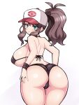  1girl baseball_cap bikini blue_eyes breasts brown_hair chro_(rulurullu) curly_hair curvy hat high_ponytail highres hilda_(pokemon) huge_breasts long_hair micro_bikini plump pokemon sidelocks simple_background solo swimsuit white_background 