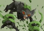  colored_sclera commentary_request green_background green_eyes leaf no_humans nyala_(nyala_766) open_mouth pokemon pokemon_(creature) red_sclera sharp_teeth solo teeth tongue zarude 