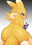  absurd_res anthro areola bandai_namco biped blue_eyes bodily_fluids breasts digimon digimon_(species) female glistening glistening_body hi_res holding_breast neck_tuft nipples open_mouth rear_view renamon simple_background solo sweat tuft type yellow_body 