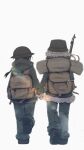  2girls backpack bag black_footwear black_hair blonde_hair blurry bokeh boots brodie_helmet brown_bag buckle chito_(shoujo_shuumatsu_ryokou) coat commentary_request depth_of_field dust from_behind full_body fur-trimmed_coat fur_trim green_coat green_pants grey_background gun helmet highres holding holding_gun holding_hands holding_weapon hooded_coat interlocked_fingers long_hair long_sleeves military_helmet multiple_girls pants rifle shoujo_shuumatsu_ryokou stahlhelm teru_(teru11061) walking weapon white_background yuuri_(shoujo_shuumatsu_ryokou) 