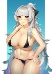  1girl azur_lane bangs bare_arms bare_shoulders bikini black_bikini black_eyes blunt_bangs blush breasts cleavage closed_mouth collarbone commission cowboy_shot grey_hair hand_on_hip hand_on_own_chin highres large_breasts long_hair looking_at_viewer miso_tanuki navel ponytail skeb_commission smile solo stomach swimsuit very_long_hair vittorio_veneto_(warship_girls_r) 