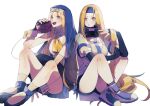  1boy 1girl bike_shorts blonde_hair blue_eyes blue_headwear bridget_(guilty_gear) commentary guilty_gear guilty_gear_xx habit highres ko_jira legs long_hair long_sleeves looking_at_viewer millia_rage otoko_no_ko short_sleeves sitting yo-yo 