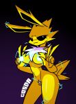  anthro big_butt black_eyes breasts butt chest_tuft convenient_censorship eeveelution female flat_belly generation_1_pokemon genitals gesture gonda hi_res jolteon long_ears nintendo nipple_covers nude pokemon pokemon_(species) pose pubes slim small_waist smug_face solo sparkles tuft v_sign video_games wide_hips yellow_body 