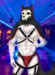  2022 5_fingers abs absurd_res anthro black_body black_fur bone canid canine clothed clothing fingers fur harness hi_res kuro_the_skulldog looking_at_viewer male mammal multicolored_body multicolored_fur natttttalina neck_tuft nipples partially_clothed pecs purple_eyes red_stripes skull skull_head skulldog_(species) solo strip_club stripes tail_tuft tuft underwear white_body white_fur 