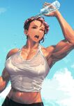  1girl abs arm_up armpits bangs bare_shoulders blue_sky bottle breasts brown_eyes cleavage cloud collarbone commentary cowboy_shot day groin highres holding holding_bottle large_breasts midriff mikel_(4hands) muscular muscular_female navel one_eye_closed open_mouth original pouring pouring_onto_self red_hair shirt short_hair sky solo standing sunlight tank_top teeth undercut upper_teeth very_short_hair water water_bottle wet wet_clothes wet_shirt white_tank_top 