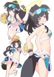  1girl animal_ears black_hair blue_archive blue_eyes blush breasts bright_pupils cheerleader cleavage dog_ears dog_girl dog_tail eyewear_on_head halo hibiki_(blue_archive) hibiki_(cheerleader)_(blue_archive) highres looking_at_viewer medium_breasts midriff momiji_oroshi multiple_views navel pleated_skirt pom_pom_(cheerleading) ponytail skirt smile star_(symbol) sticker_on_face tail white_pupils 