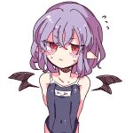  1girl arms_behind_back bare_shoulders bat_wings blue_one-piece_swimsuit blush closed_mouth collarbone flying_sweatdrops highres impossible_clothes looking_at_viewer medium_hair nako7575ko navel no_headwear old_school_swimsuit pointy_ears purple_hair red_eyes remilia_scarlet school_swimsuit simple_background solo swimsuit touhou white_background wings 