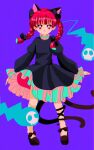  1girl :3 animal_ears blue_background bow braid cat_ears cat_tail dress hanadi_detazo kaenbyou_rin light_smile long_sleeves looking_at_viewer multiple_tails nekomata red_eyes red_hair simple_background solo tail touhou twin_braids two_tails 