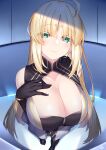  1girl absurdres ahoge alternate_breast_size artoria_caster_(fate) artoria_pendragon_(fate) bangs bare_shoulders black_gloves blonde_hair blush breasts capelet cleavage dress elbow_gloves facial_mark fate/grand_order fate_(series) forehead_mark gloves green_eyes highres large_breasts long_hair looking_at_viewer smile textless_version watosu white_capelet white_dress 