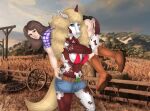  2022 absurd_res anthro belt belt_grab blonde_hair blue_eyes boots bottomwear brown_body brown_fur brown_hair buckle carrying_over_shoulder clothed clothing clover clover_the_mare duo equid equine farm female female/female footwear fur hair hi_res horse hotpants human kissing leather_belts long_hair mammal multicolored_body natttttalina outside shorts spots spotted_body spotted_fur topwear two_tone_body white_body white_fur 