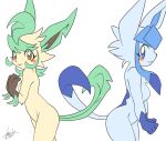  amber_eyes anthro anthrofied blue_body blue_eyes blue_fur blue_hair blush blush_stickers breasts butt duo eeveelution elemental_creature female female/female flora_fauna fur generation_4_pokemon gesture glaceon green_hair hair knsk1025 leafeon looking_aside mammal nintendo nude plant pokemon pokemon_(species) pokemorph simple_background smile tail_gesture tail_heart video_games white_background yellow_body yellow_fur 