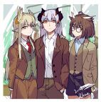  3girls ahoge alternate_costume arknights black_shorts brown_eyes brown_jacket brown_pants brown_vest buttons collared_shirt cowboy_shot dragon_horns dress_jacket glasses green_vest grey_hair hand_in_pocket hand_on_another&#039;s_shoulder highres horns jacket lapels laurels long_hair long_sleeves looking_at_viewer muelsyse_(arknights) multiple_girls necktie open_clothes open_jacket orange_eyes owl_ears pants photo_(object) pointy_ears red_necktie saria_(arknights) shirt shorts silence_(arknights) vest white_shirt xiao_lu 