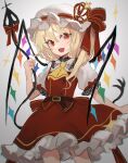  1girl absurdres ascot bangs belt blonde_hair bow breasts brown_belt buttons commentary_request crown crystal fang fangs flandre_scarlet frills gradient gradient_background grey_background grey_headwear grey_shirt hair_between_eyes hand_up hat hat_ribbon highres holding holding_weapon jewelry kani_nyan laevatein_(touhou) looking_at_viewer medium_breasts mini_crown mob_cap multicolored_wings one_side_up open_mouth polearm puffy_short_sleeves puffy_sleeves red_bow red_eyes red_ribbon red_skirt red_vest ribbon shirt short_sleeves skirt skirt_set smile solo spear star_(symbol) touhou vest weapon white_background wings yellow_ascot 