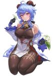  1girl ahoge bare_shoulders bell black_bodysuit black_gloves blue_hair bodysuit breasts breasts_apart closed_mouth cowbell detached_collar detached_sleeves eating_flower flower full_body ganyu_(genshin_impact) genshin_impact gloves goat_horns highres holding holding_flower horns jrajazon large_breasts long_hair looking_at_viewer pantyhose pelvic_curtain purple_eyes qingxin_flower seiza sitting smile solo vision_(genshin_impact) white_background wide_sleeves 