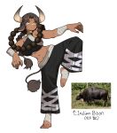 1girl abs absurdres animal_ears bandaged_arm bandaged_foot bandages bead_necklace beads bison breasts brown_hair cow_ears cow_girl cow_horns cow_tail dark-skinned_female dark_skin facial_mark fighting_stance foot_wraps forehead_mark gomulgong highres horns jewelry large_breasts long_hair muscular muscular_female necklace orange_eyes original pants photo-referenced photo_inset solo standing standing_on_one_leg tail tiptoes 