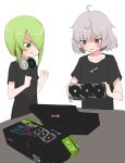  &gt;:) 2girls abutomato ahoge bangs black_shirt blunt_bangs blush bob_cut clenched_hands cowlick furrowed_brow green_eyes green_hair grey_hair grin hair_over_one_eye hands_up headphones headphones_around_neck highres inverted_bob logo long_bangs magia_record:_mahou_shoujo_madoka_magica_gaiden mahou_shoujo_madoka_magica medium_hair messy_hair miwa_mitsune miyabi_shigure multiple_girls one_eye_covered orange_eyes parted_lips print_shirt shirt short_hair short_sleeves sidelocks smile sweat swept_bangs t-shirt v-shaped_eyebrows video_card white_background 