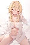  1girl absurdres bangs bed_sheet blonde_hair blush bra breasts cleavage closed_mouth genshin_impact highres large_breasts lumine_(genshin_impact) munseonghwa navel one_eye_closed open_clothes open_shirt panties pillow shirt short_hair_with_long_locks sidelocks sitting solo stomach tears thighs underwear waking_up white_bra white_panties white_shirt yellow_eyes 