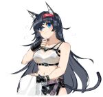  1girl :3 animal_ears arknights black_bracelet black_gloves black_hair black_shorts blaze_(arknights) blue_eyes blush breasts cat_ears cat_girl cat_tail collarbone fingerless_gloves gloves hairband hand_on_own_chin holding holding_towel infection_monitor_(arknights) long_hair looking_at_viewer medium_breasts midriff navel nejikyuu red_hairband shorts simple_background solo sweat tail towel very_long_hair white_background 