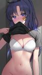  1girl arm_at_side bangs black_shirt blue_archive blush bra breasts cleavage clothes_lift groin halo hand_up highres large_breasts lethe_(lethe187) lifted_by_self long_hair looking_at_viewer mouth_hold navel parted_bangs ponytail purple_eyes purple_hair shirt shirt_lift short_sleeves solo sticker_on_face sweat underwear unfinished upper_body white_bra yuuka_(blue_archive) 