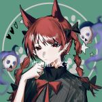  1girl animal_ears black_bow bow braid cat_ears dress expressionless extra_ears green_background hair_bow half-closed_eyes heart heinrich_(fernanderuddle) highres kaenbyou_rin pointy_ears red_eyes red_hair skull solo star_(symbol) tail touhou twin_braids 