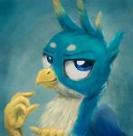  2018 avian beak blue_body blue_eyes blue_feathers blue_fur bust_portrait digital_media_(artwork) el-yeguero feathers feral friendship_is_magic fur gallus_(mlp) gryphon half-closed_eyes hasbro male my_little_pony mythological_avian mythology narrowed_eyes portrait smile solo tan_body tan_fur wings yellow_beak 