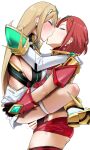  2girls armor bakkanki bar_censor black_gloves blonde_hair blush breasts censored chest_jewel closed_eyes clothes_pull dangle_earrings earrings fingerless_gloves futa_with_female futanari gloves jewelry kiss large_breasts lifting_person long_hair multiple_girls mythra_(xenoblade) pyra_(xenoblade) red_hair red_shorts red_thighhighs short_shorts shorts shorts_pull shoulder_armor sideboob suspended_congress sweatdrop thigh_strap thighhighs tiara white_background xenoblade_chronicles_(series) xenoblade_chronicles_2 yuri 
