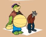  2021 alligator alligatorid anthro belly big_belly bottomwear brok_(character) brok_the_investigator clothing crocodilian domestic_cat duo felid feline felis graff_filsh hat headgear headwear hoodie male mammal overweight overweight_male pants reptile scalie shirt topwear video_games yezt 