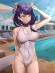  1girl armpits blurry blurry_background breasts casual_one-piece_swimsuit covered_navel cowboy_shot genshin_impact highleg highleg_swimsuit highres large_breasts long_hair looking_at_viewer one-piece_swimsuit poolside purple_eyes purple_hair raiden_shogun solo standing swimsuit white_one-piece_swimsuit wonnikon 