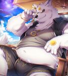  2022 anthro beach belly big_belly bottomwear bulge canid canine canis clothing cloud detailed_background eyewear hi_res hinami humanoid_hands kemono male mammal navel outside overweight overweight_male seaside shirt shorts sitting solo sun sunglasses topwear wolf 