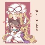  2girls animal_ears ascot barefoot blonde_hair blush_stickers bow brown_background brown_hair brown_tail cat_ears cat_tail closed_eyes commentary detached_sleeves dress elbow_gloves fish frilled_bow frilled_hair_tubes frills full_body gloves hair_bow hair_tubes hakurei_reimu hat hat_ribbon heart highres long_hair mob_cap mouth_hold multiple_girls nako7575ko neko_miko_reimu open_mouth purple_dress red_bow red_ribbon red_shirt ribbon shirt simple_background sitting sitting_on_lap sitting_on_person sleeveless sleeveless_shirt tail touhou very_long_hair white_gloves white_headwear yakumo_yukari yellow_ascot 