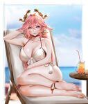  1girl anklet artist_name barefoot beach_chair bikini blurry blurry_background breasts choker cleavage collarbone cup drinking_glass drinking_straw earrings easonx genshin_impact hair_between_eyes hair_ornament highres jewelry large_breasts long_hair looking_at_viewer ocean on_chair pink_hair red_choker revision sitting solo swimsuit toes white_bikini yae_miko yokozuwari 