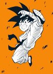  1boy absurdres aiming_at_viewer belt black_belt black_eyes black_hair boots child commentary_request dougi dragon_ball dragon_ball_(classic) gloves highres incoming_attack incoming_kick liedein looking_at_viewer male_child male_focus orange_background saiyan simple_background smile solo son_goku spiked_hair tail 