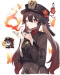  1girl ;o bangs black_headwear black_nails breathing_fire brown_hair bug butterfly chinese_clothes chinese_knot collared_coat colored_tips commentary_request ebibi_chiriri eyelashes fire flower flower-shaped_pupils genshin_impact genshin_impact_sticker_redraw_(meme) hair_between_eyes hat hat_ornament highres hu_tao_(genshin_impact) jewelry long_hair long_sleeves looking_at_viewer meme multicolored_hair multiple_rings one_eye_closed open_mouth plum_blossoms porkpie_hat red_shirt ring shirt sidelocks solo symbol-shaped_pupils thumb_ring twintails wide_sleeves 