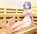  1girl absurdres arm_support bangs bare_legs barefoot blue_eyes blue_hair blush breasts buyong22 cleavage closed_mouth commentary feet foot_focus full_body highres indoors large_breasts light_blue_hair looking_at_viewer naked_towel parted_bangs senran_kagura short_hair sitting smile soles solo steam_room sweat thighs towel wet_towel yumi_(senran_kagura) 