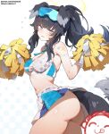  1boy 1girl absurdres animal_ears bangs bare_shoulders blue_archive blush breasts cheerleader cleavage dog_ears dog_girl dog_tail eyewear_on_head goggles goggles_on_head halo hibiki_(blue_archive) hibiki_(cheerleader)_(blue_archive) highres holding holding_pom_poms long_hair looking_at_viewer medium_breasts navel open_mouth pom_pom_(cheerleading) simao_(x_x36131422) solo_focus sticker_on_arm sticker_on_face tail thighs 