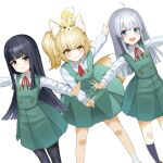  3girls :3 :d ahoge animal_ears animal_on_head black_hair black_pantyhose black_socks blonde_hair blush closed_mouth collared_shirt commentary_request copyright_request double_fox_shadow_puppet dress fox fox_ears fox_girl fox_shadow_puppet fox_tail green_dress grey_hair hime_cut kneehighs long_hair multiple_girls neck_ribbon o_(rakkasei) on_head pantyhose pinafore_dress pleated_dress red_ribbon ribbon school_uniform shirt side_ponytail simple_background sleeveless sleeveless_dress smile socks tail very_long_hair white_background white_shirt 