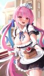  1girl :d absurdres ahoge apron bangs blue_hair blue_ribbon blush braid breasts building cake cake_slice cleavage daran9 day dress food frilled_apron frilled_dress frills fruit garter_straps highres holding holding_plate hololive large_breasts looking_at_viewer maid_headdress minato_aqua multicolored_hair neck_ribbon outdoors pink_eyes pink_hair plate ribbon short_sleeves smile solo strawberry two-tone_hair virtual_youtuber wrist_cuffs 
