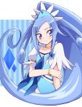  blue_bow blue_dress blue_eyes blue_hair blue_theme blush bow bracelet brooch choker collarbone cowboy_shot crystal_earrings cure_diamond dokidoki!_precure dress earrings hair_ornament heart_brooch highres hishikawa_rikka jewelry long_hair looking_at_viewer ponytail precure puffy_short_sleeves puffy_sleeves sash short_sleeves tiara two-tone_background usoco very_long_hair white_background yellow_choker 