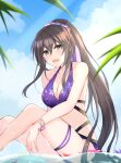  1girl 7-mzk :d aqua_eyes assault_lily bangs bare_shoulders bikini blue_sky blurry blurry_foreground breasts brown_hair cleavage cloud collarbone commentary_request day feet_out_of_frame floral_print hair_between_eyes hair_ornament hair_scrunchie highres knees_up long_hair looking_at_viewer medium_breasts multi-strapped_bikini official_alternate_costume open_mouth outdoors partially_submerged partially_underwater_shot petals petals_on_liquid pink_hair ponytail print_bikini purple_bikini purple_scrunchie scrunchie serizawa_chikaru shallow_water sidelocks sitting sky smile solo sun swimsuit thigh_strap very_long_hair water wet wrist_flower wristband 