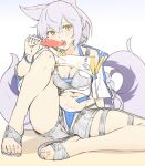  1girl animal_ears arknights bikini bikini_under_clothes blue_bikini breasts cleavage cropped_shirt food hair_between_eyes holding_ice_cream large_breasts looking_at_viewer navel official_alternate_costume open_clothes open_shorts popsicle provence_(arknights) provence_(casual_vacation)_(arknights) purple_hair sandals seto_tinami shirt short_sleeves shorts sitting solo spread_legs swimsuit tail white_shirt white_shorts wolf_ears wolf_girl wolf_tail yellow_eyes 