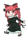  1girl :3 :d animal_ears black_bow black_footwear bow braid cat_ears cat_tail chibi dress fang frilled_dress frills full_body hair_bow kaenbyou_rin long_sleeves madoro multiple_tails nekomata red_eyes red_hair smile solo tail touhou twin_braids two_tails 