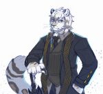  anthro asnnonaka black_clothing black_coat black_nose black_topwear clothed clothing coat felid front_view fur grey_body grey_clothing grey_eyes grey_fur grey_hair grey_topwear hair half-length_portrait hand_in_pocket looking_at_viewer male mammal mouth_closed multicolored_hair pockets portrait simple_background solo topwear two_tone_hair umbrella unsigned white_background white_body white_fur white_hair 