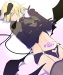  1boy black_gloves blonde_hair demon_horns demon_tail demon_wings elbow_gloves garter_straps geli_(clam) gloves heart_o-ring highres horns lying male_focus navel on_back pubic_tattoo short_hair simple_background tail tattoo thighhighs white_background wings wolfsmund yellow_eyes 