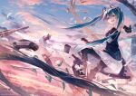  1girl aircraft airplane aqua_eyes aqua_hair bangs black_dress black_gloves black_pantyhose blue_sky book branch car cloud copyright copyright_name dress drone elbow_gloves frilled_dress frills gears gloves ground_vehicle hair_between_eyes hatsune_miku highres long_hair looking_at_viewer microscope motor_vehicle official_art pantyhose pill rocket satellite sky sleeveless sleeveless_dress solo sousou_(sousouworks) spacecraft test_tube twintails very_long_hair vocaloid 