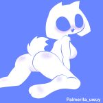  1:1 absurd_res anthro bent_over big_breasts breasts butt clyde_(discord) discord_(app) domestic_cat felid feline felis female genitals hi_res looking_at_viewer looking_back looking_back_at_viewer mammal nude open_mouth palmerita_uwuy pussy signature simple_background smile solo spread_legs spreading white_body 