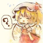  1girl =_= ? ascot bangs blonde_hair blush bow closed_eyes collared_shirt commentary_request crystal dress fang flandre_scarlet hat hat_ribbon kouba mob_cap open_mouth puffy_sleeves red_dress red_ribbon red_skirt red_vest ribbon shirt short_hair short_sleeves side_ponytail simple_background skirt solo speech_bubble touhou vest white_bow white_headwear white_sleeves wings yellow_ascot 